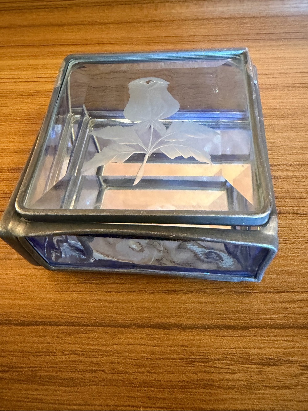 VTG Etched Rose Glass Trinket Box Blue Stained Glass Jewelry Ring Case Mirror